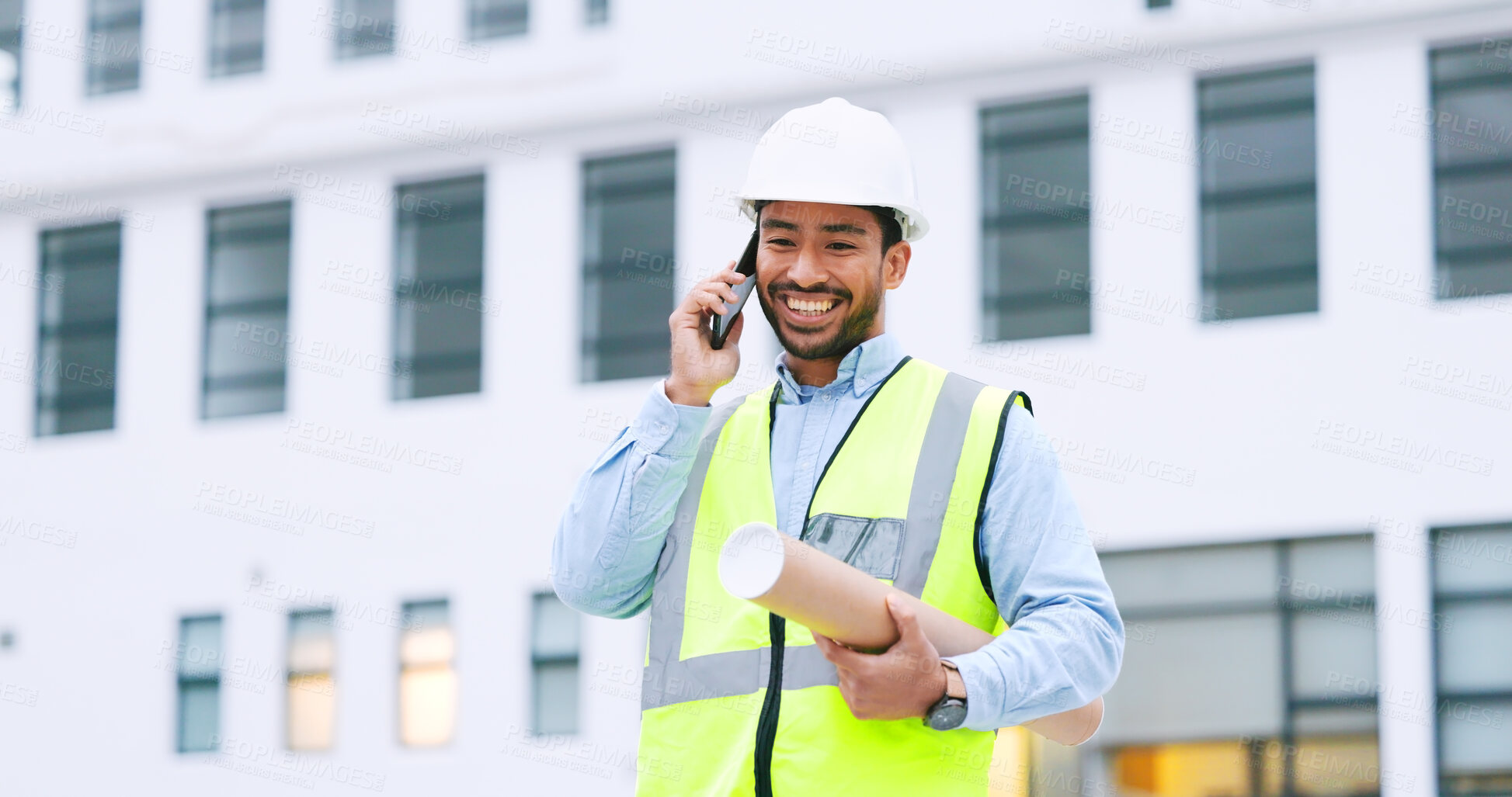 Buy stock photo Phone call, construction and man in city for engineering blueprint, maintenance and planning. Architecture, building site and contractor on smartphone for communication, inspection and discussion