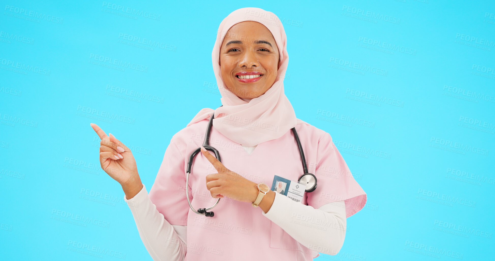 Buy stock photo Muslim nurse, portrait or pointing to space on studio background for healthcare information, offer or medical deal. Doctor, professional or Islamic woman showing mockup, promotion and medicine choice