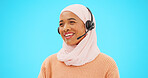 Call center, talking and woman isolated on blue background agent, consultant or muslim telemarketing support. Happy telecom, global tech support or communication of hijab person speaking in studio