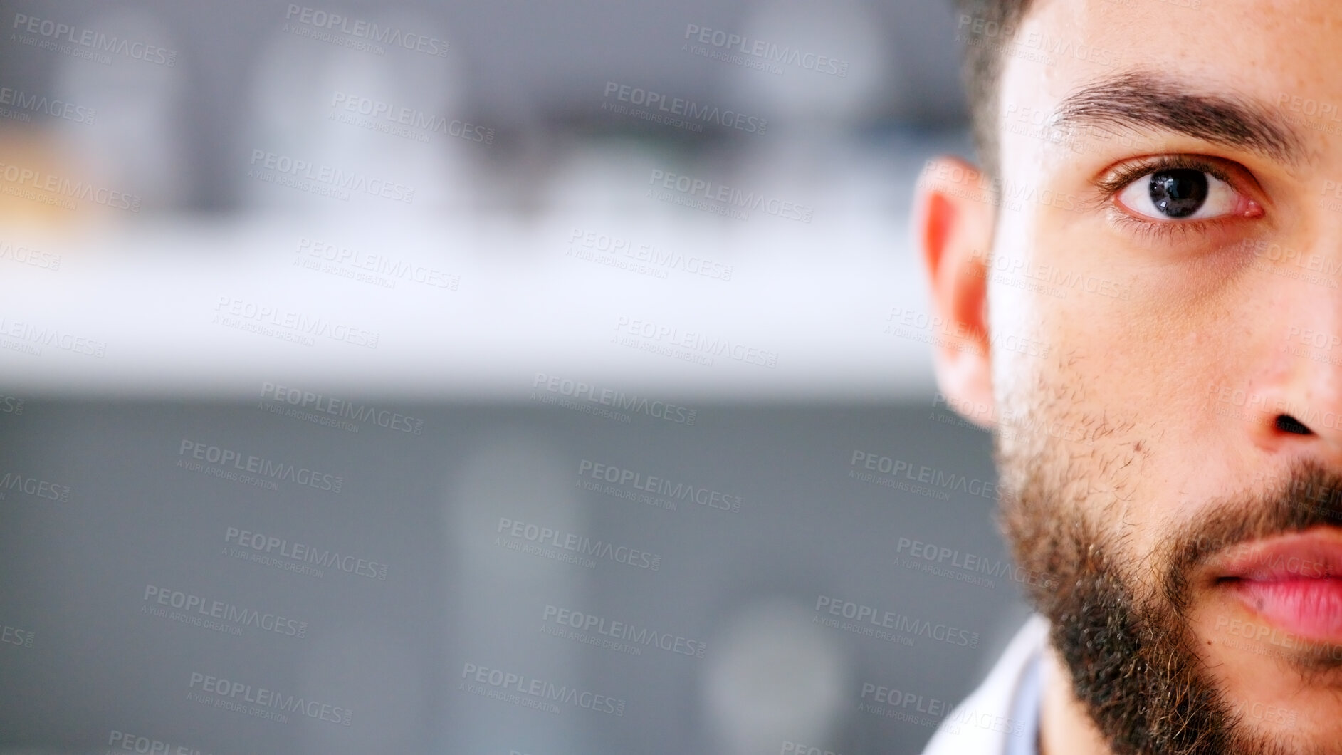 Buy stock photo Mockup, space or portrait of a man doctor or nurse with confidence standing in a laboratory clinic. Scientist, bokeh or serious face of professional male healthcare worker, medical expert or surgeon 