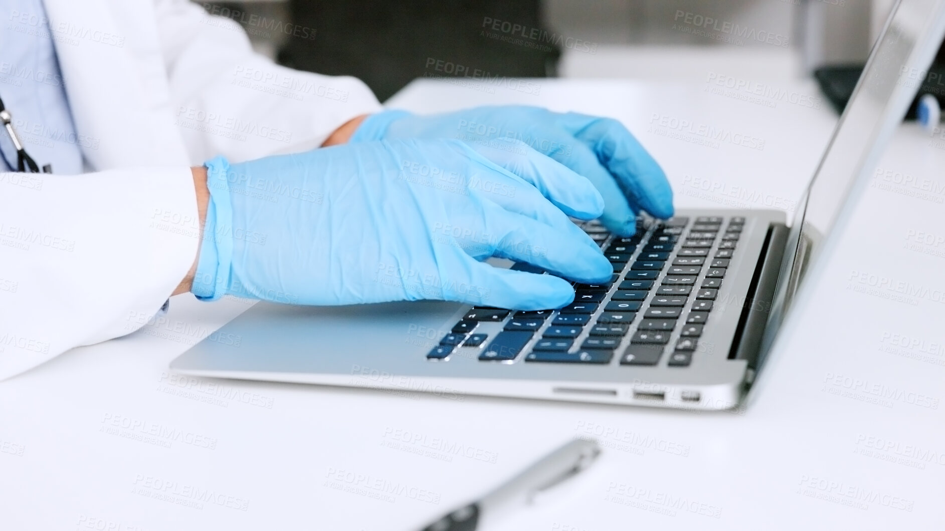 Buy stock photo Laptop, hands or scientist typing to research in laboratory for a chemistry report or scientific test feedback. Medical analysis closeup, person or science update for online medicine development news