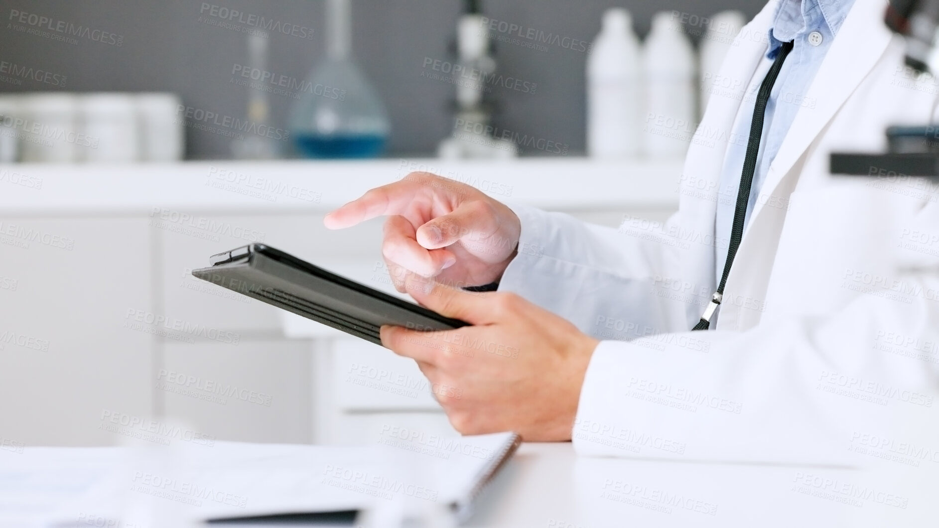 Buy stock photo Tablet, hands or scientist with research in laboratory for a chemistry report or scientific test feedback. Medical analysis closeup, man typing or science update for online medicine development news