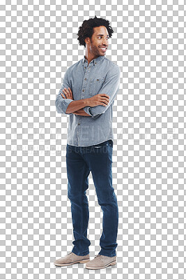 Buy stock photo Man, thinking and idea with arms crossed isolated on a transparent, png background. Confident black male model with a smile, cool attitude or mindset and alpha channel for fashion style advertising