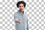 Portrait of a handsome manextending his arm in greeting in isolated on a png background