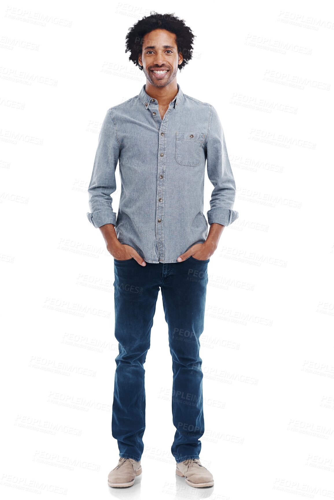 Buy stock photo Man, portrait and smile or happy with casual hands in pocket isolated on transparent, png background. Confident black male model with cool attitude on alpha channel for fashion style advertising