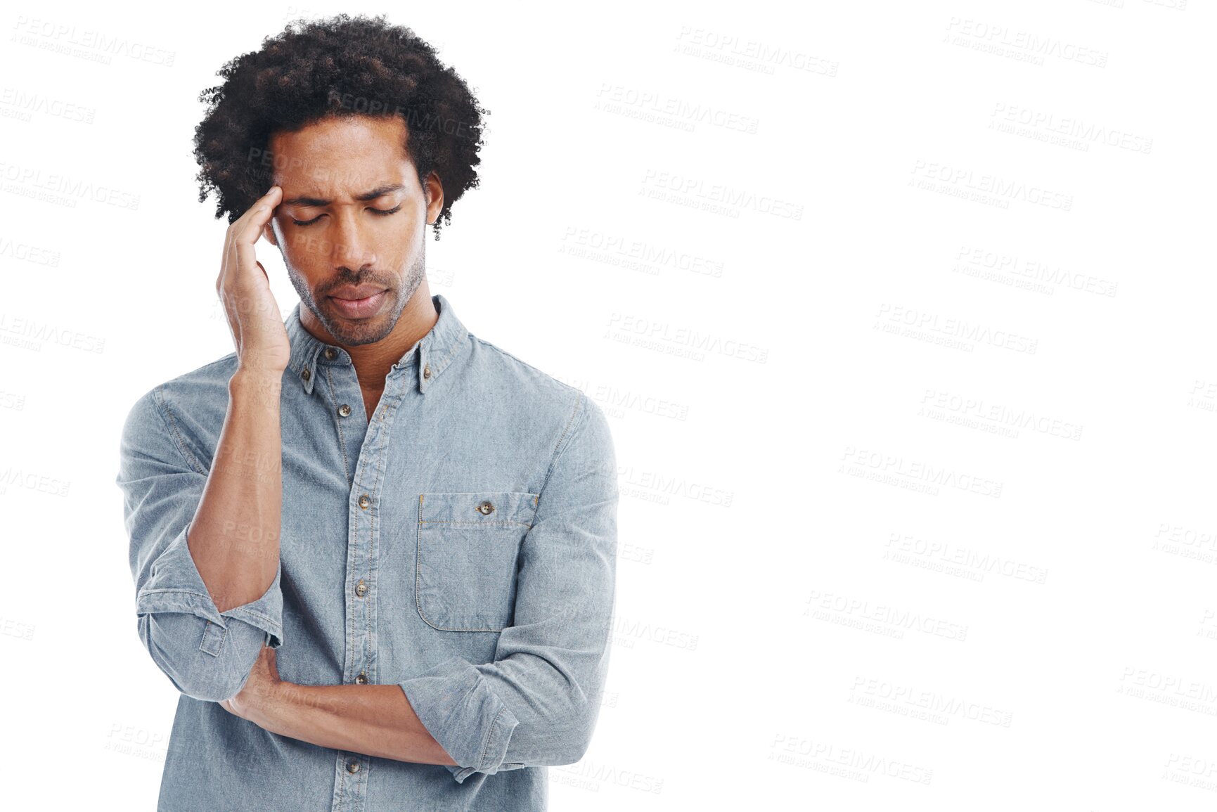 Buy stock photo Stress, anxiety and PNG with a man isolated on a transparent background while suffering from a headache. Mental health, burnout and tired with an exhausted male feeling overworked or in pain