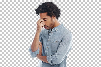 Buy stock photo Headache, anxiety and PNG with a man isolated on a transparent background while suffering from stress or pressure. Mental health, burnout and tired with an exhausted young male feeling overworked