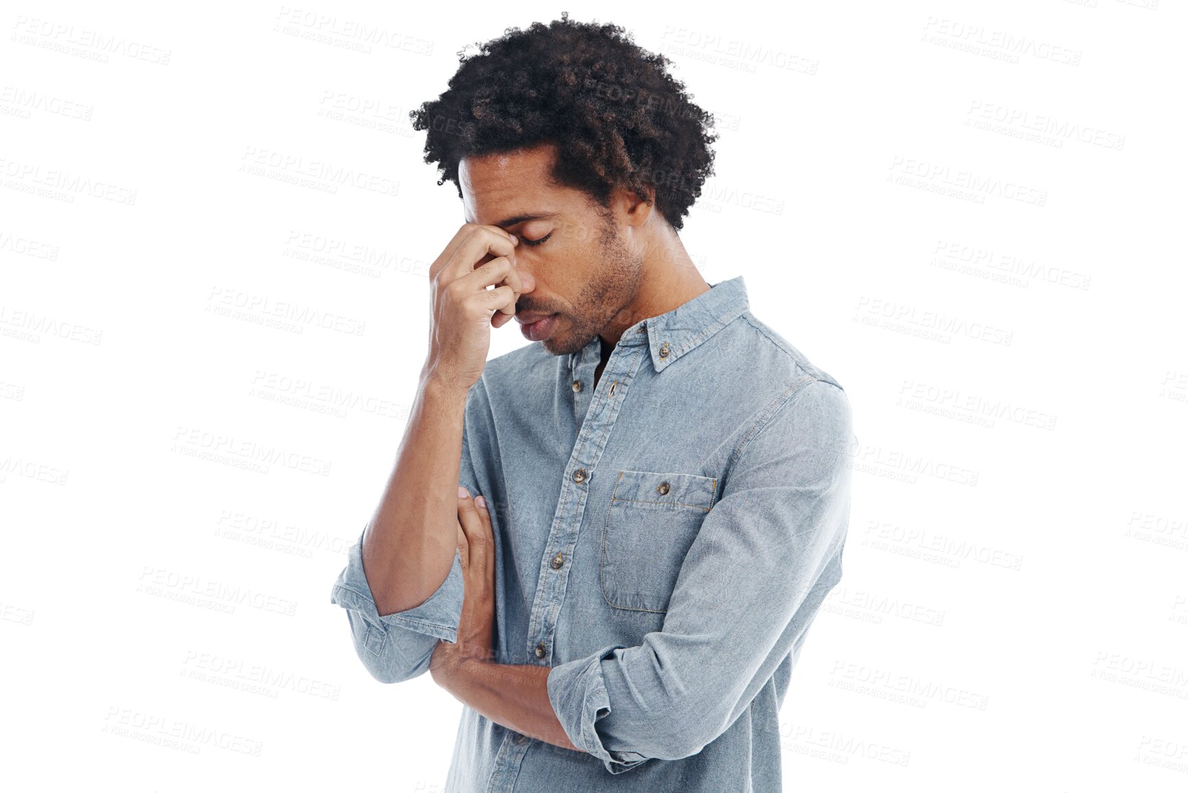 Buy stock photo Headache, anxiety and PNG with a man isolated on a transparent background while suffering from stress or pressure. Mental health, burnout and tired with an exhausted young male feeling overworked