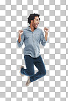 A handsome man jumping excitedly isolated on a png background