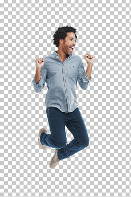 Buy stock photo Happy, excited and a black man jumping with energy isolated on a transparent png background. Smile, happiness and a person with a jump from excitement about success, achievement or a work promotion