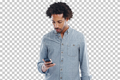 Buy stock photo Phone, typing and black man isolated on a transparent, png background for social media, mobile app or reading post. Serious, young and creative person with communication, networking or online search