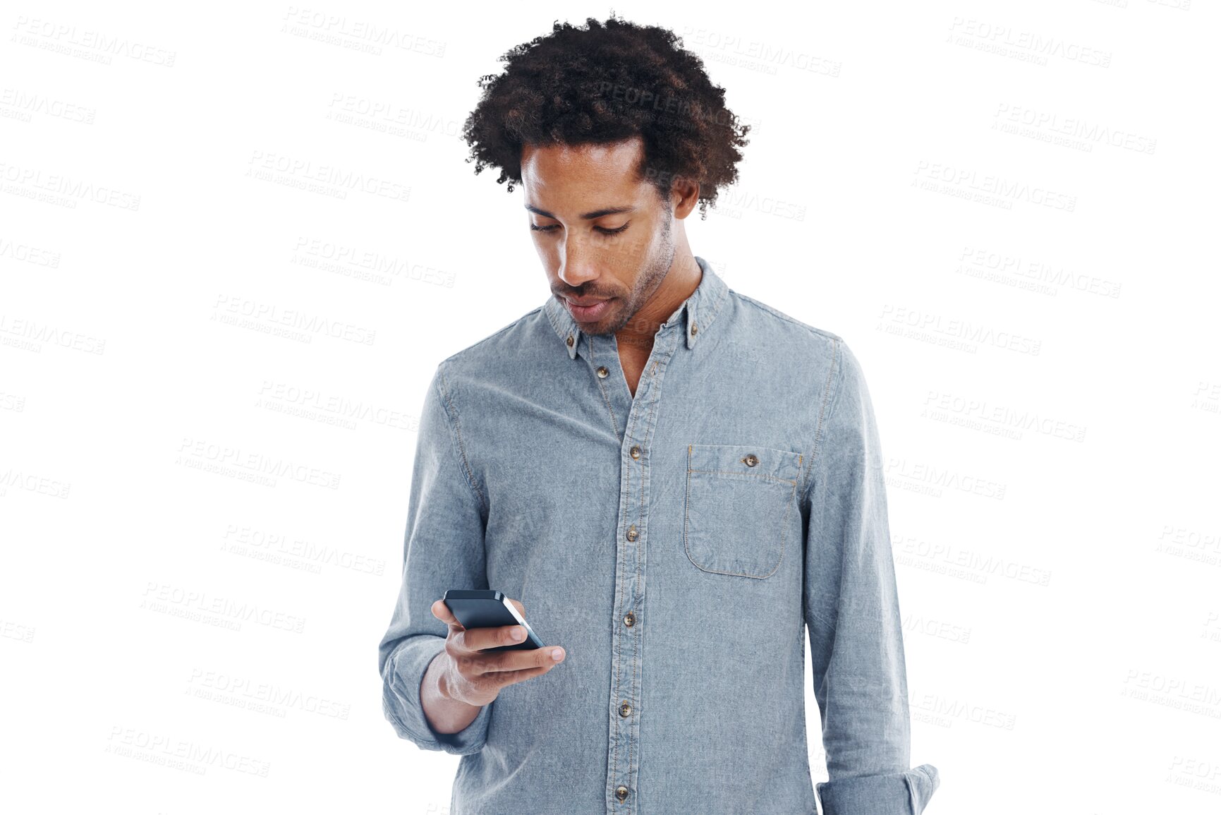 Buy stock photo Phone, typing and black man isolated on a transparent, png background for social media, mobile app or reading post. Serious, young and creative person with communication, networking or online search