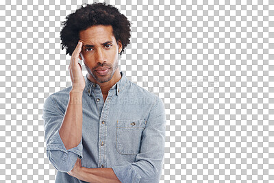 Buy stock photo Portrait, anxiety and PNG with a man isolated on a transparent background while suffering from a headache. Mental health, burnout and stress with an exhausted male feeling overworked or in pain