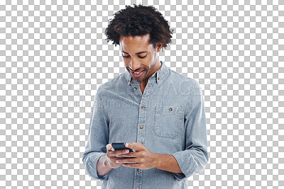 Buy stock photo Phone, typing and happy man isolated on a transparent, png background for social media, mobile app or reading post. Internet, young and creative person with communication, networking or online search