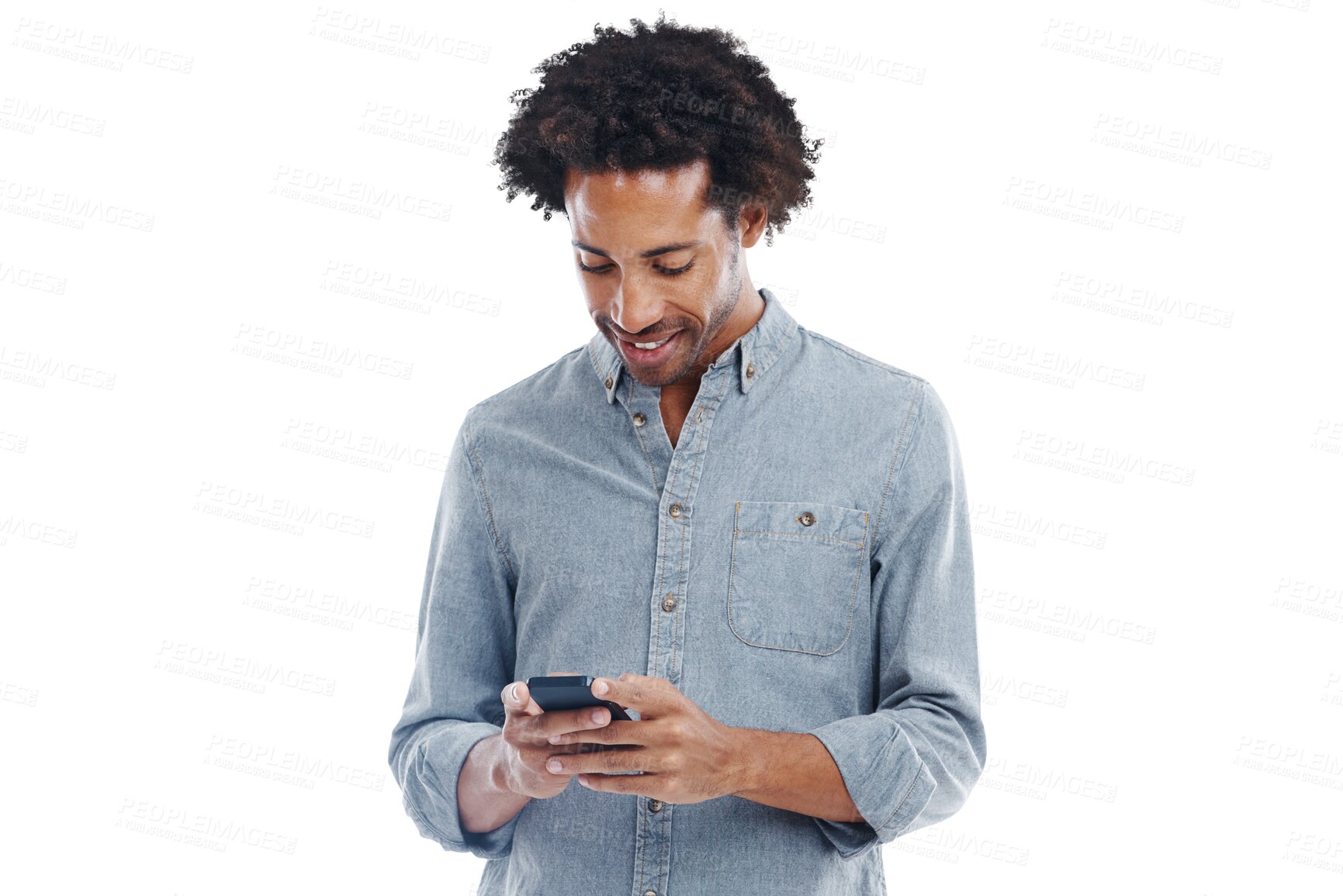 Buy stock photo Phone, typing and happy man isolated on a transparent, png background for social media, mobile app or reading post. Internet, young and creative person with communication, networking or online search