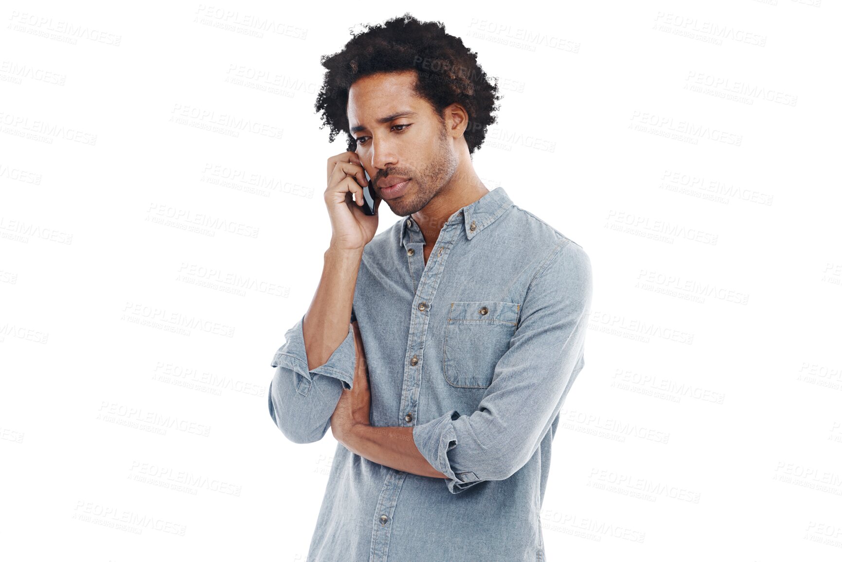 Buy stock photo Phone call, communication and serious black man talking on isolated, png and transparent background. Networking, stress and upset male person on smartphone for conversation, discussion and worried