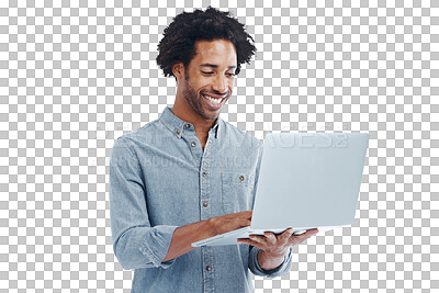 Buy stock photo Happy man, laptop and typing on internet isolated on transparent, png background for email. Black male model smile for computer research, connection or funny social media meme or programming success