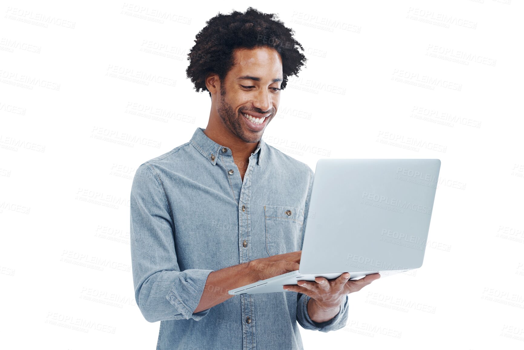 Buy stock photo Happy man, laptop and typing on internet isolated on transparent, png background for email. Black male model smile for computer research, connection or funny social media meme or programming success