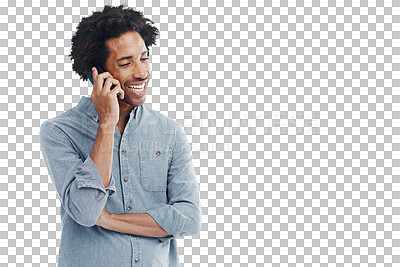 Buy stock photo Man, talking and phone call for communication or conversation isolated on transparent, png background. Happy black male for smartphone advertising, network connection and alpha channel contact 