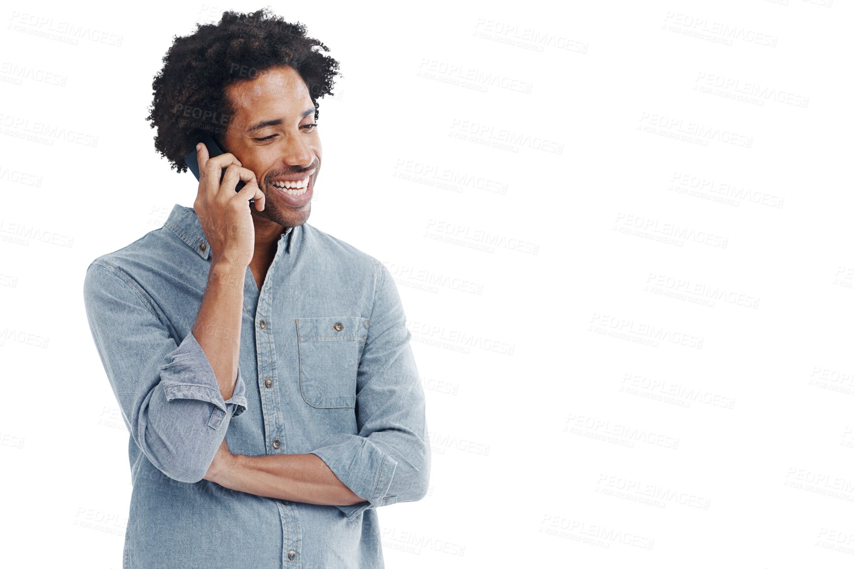 Buy stock photo Man, talking and phone call for communication or conversation isolated on transparent, png background. Happy black male for smartphone advertising, network connection and alpha channel contact 