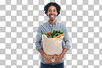 A handsome black man holding groceries isolated on a png background	