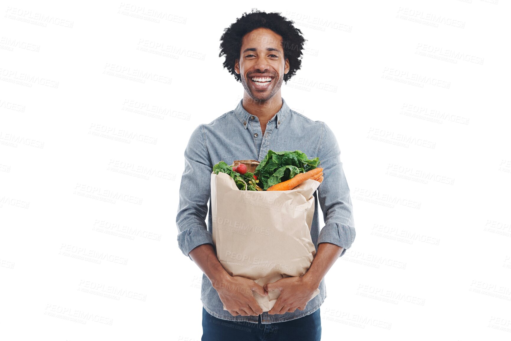 Buy stock photo Grocery bag, happy and portrait of a black man after shopping isolated on a transparent png background. Smile, customer and a person with food from the supermarket for a healthy diet and hunger