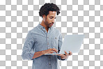 A handsome man holding a laptop isolated on isolated on a png background