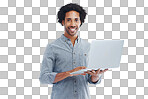 A handsome man holding a laptop isolated on a png background	