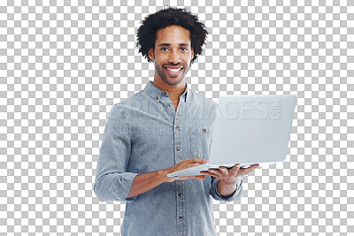 Buy stock photo Man, laptop and smile portrait with internet isolated on a transparent, png background for email. Happy black male model with computer for research, connection or social media on alpha channel