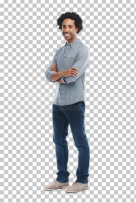 Buy stock photo Happy man, arms crossed and smile portrait isolated on a transparent, png background. Confident black male model with a cool attitude or mindset and alpha channel for denim fashion style advertising