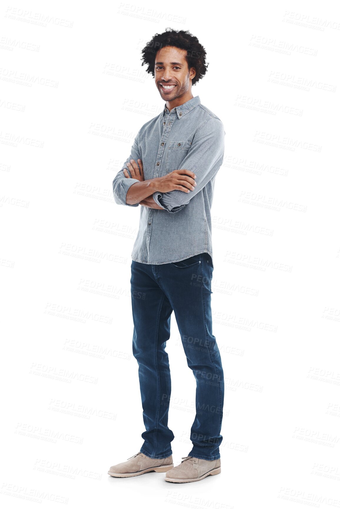 Buy stock photo Happy man, arms crossed and smile portrait isolated on a transparent, png background. Confident black male model with a cool attitude or mindset and alpha channel for denim fashion style advertising