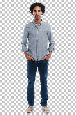 Buy stock photo Man, serious and portrait with hands in pocket isolated on a transparent png background. Confident black male model with a cool attitude, mindset and confidence in casual denim fashion style