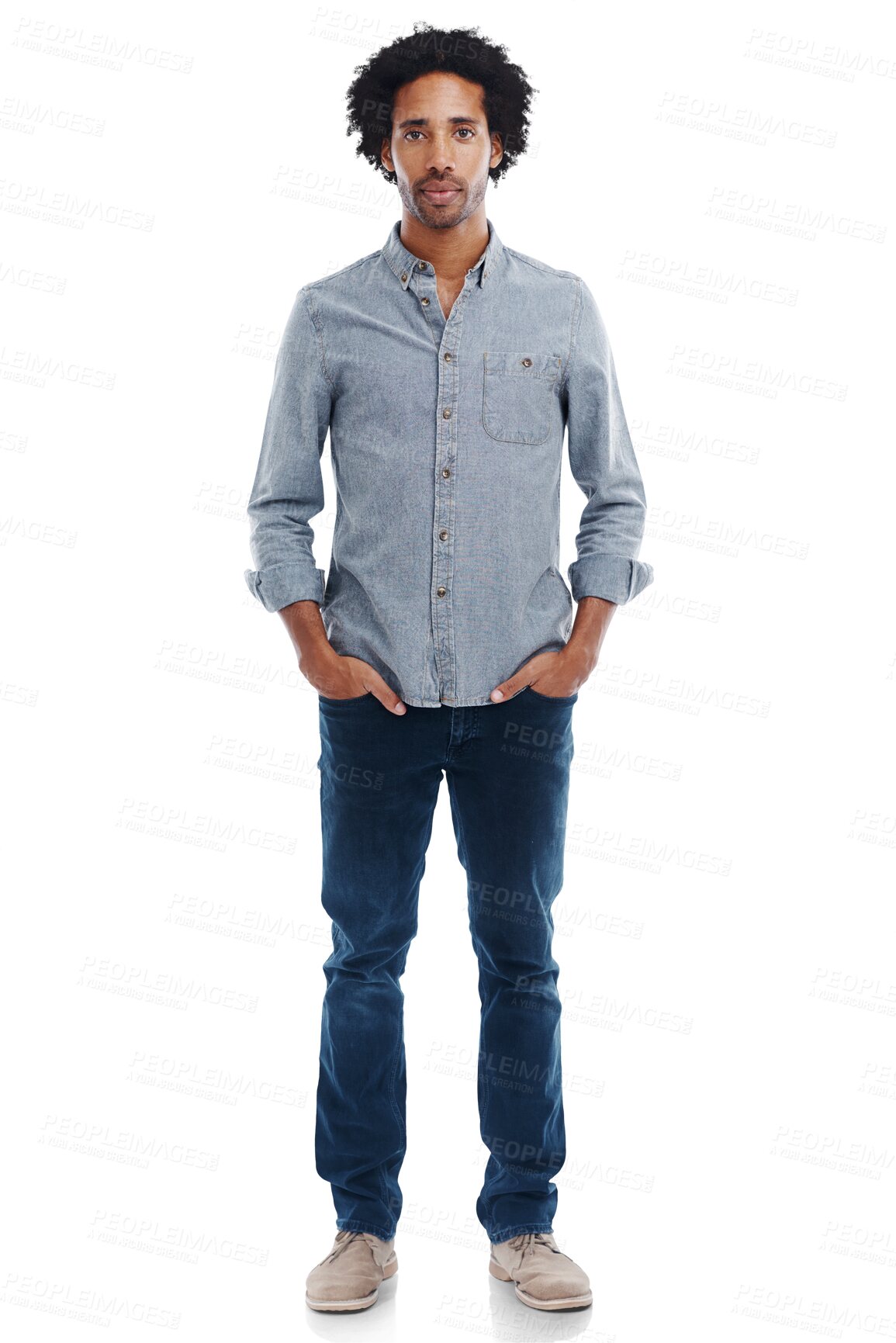 Buy stock photo Man, serious and portrait with hands in pocket isolated on a transparent png background. Confident black male model with a cool attitude, mindset and confidence in casual denim fashion style