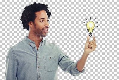 A black man holding a light bulb isolated on a png background