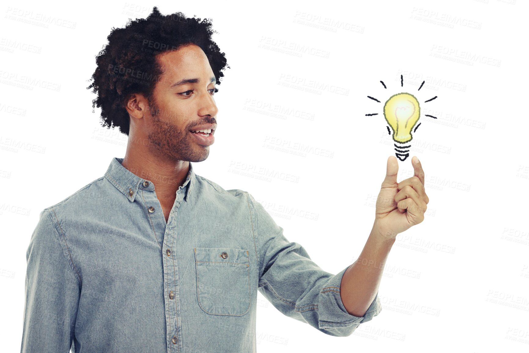 Buy stock photo Man, light bulb and ideas with thinking, surprise or problem solving by png background for innovation. Isolated model, male and brainstorming for idea, inspiration or think of solution with 3d light