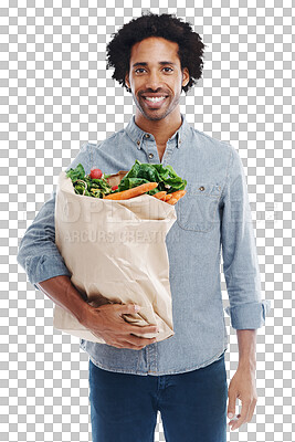 Buy stock photo Grocery bag, vegetables and portrait of a black man after shopping isolated on a transparent png background. Smile, customer and a person with food from the supermarket for a healthy diet and hunger