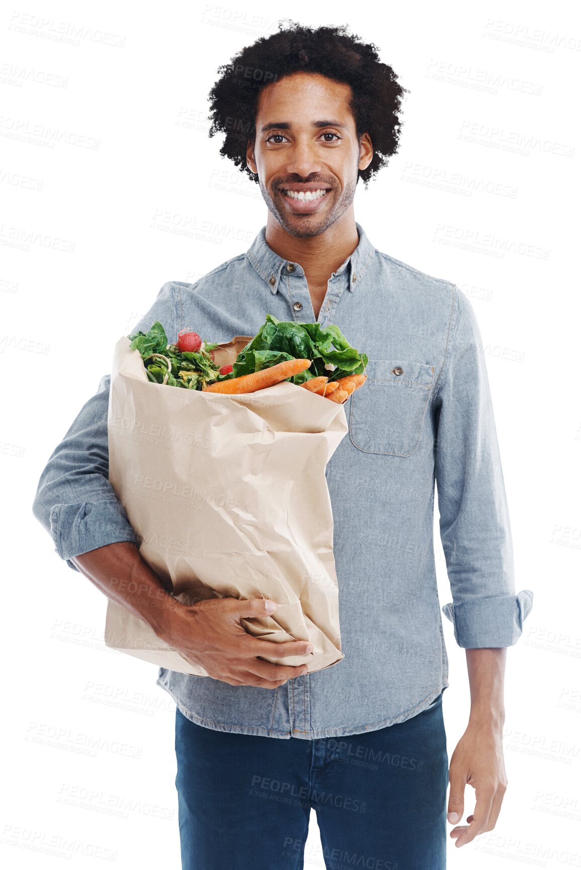 Buy stock photo Grocery bag, vegetables and portrait of a black man after shopping isolated on a transparent png background. Smile, customer and a person with food from the supermarket for a healthy diet and hunger