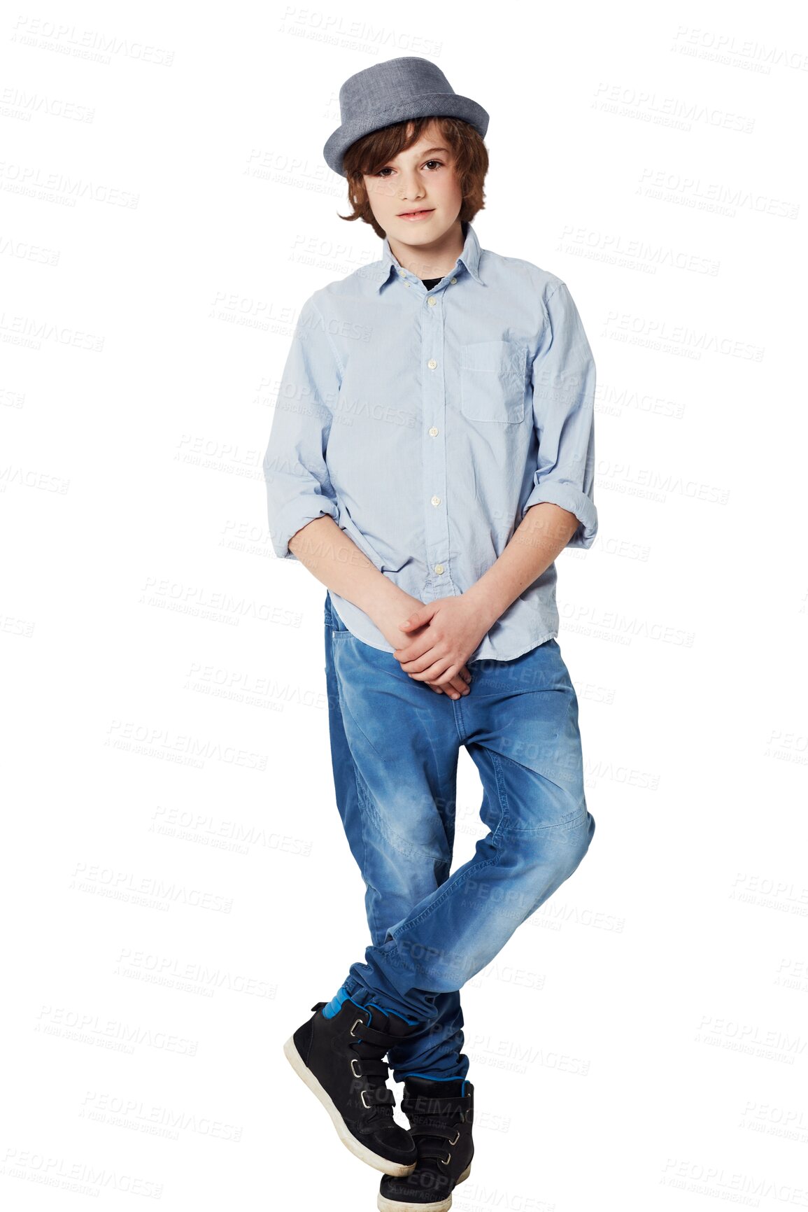 Buy stock photo Kids fashion and portrait of young boy with trendy clothes on isolated, png and transparent background. Youth, teenager and confident child model with stylish, casual or modern outfit and hat