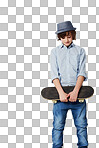 Cute preteen boy wearing trendy attire and holding a skateboard while isolated on a png background	