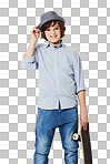 Cute preteen boy wearing trendy attire and holding a skateboard while isolated on a png background