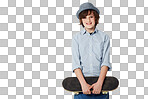 Cute preteen boy wearing trendy attire and holding a skateboard while isolated on a png background