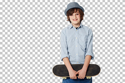 Buy stock photo Boy child, skateboard and portrait with smile by png background for fashion, sport and happiness. Male kid, isolated model and skater with happy, excited face and toys for sports, freedom or travel