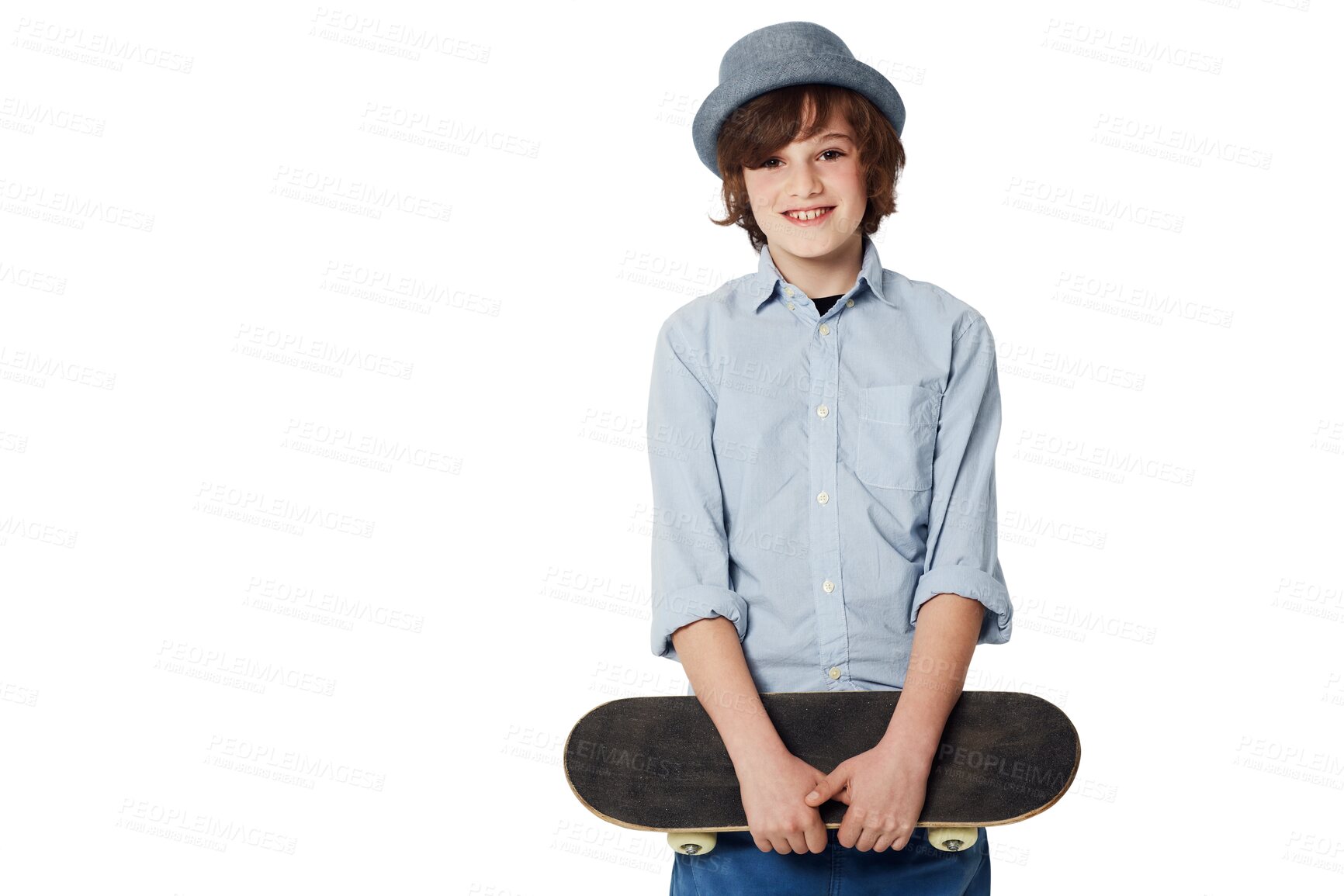 Buy stock photo Boy child, skateboard and portrait with smile by png background for fashion, sport and happiness. Male kid, isolated model and skater with happy, excited face and toys for sports, freedom or travel