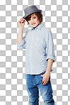 Cute preteen boy wearing trendy attire while isolated on a png background