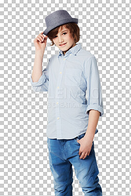 Buy stock photo Portrait, happy or boy with hat, fashion or cool style clothes for kids branding isolated on png background. Smile, youth or young male child in jeans outfit holding a trendy fedora with confidence 