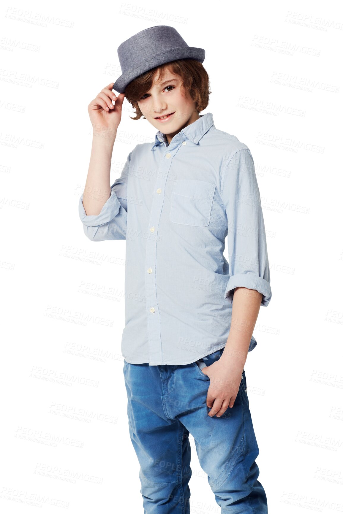 Buy stock photo Portrait, happy or boy with hat, fashion or cool style clothes for kids branding isolated on png background. Smile, youth or young male child in jeans outfit holding a trendy fedora with confidence 