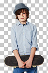 Cute preteen boy wearing trendy attire and holding a skateboard while isolated on a png background