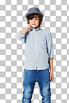 Cute preteen boy wearing trendy attire while isolated on a png background