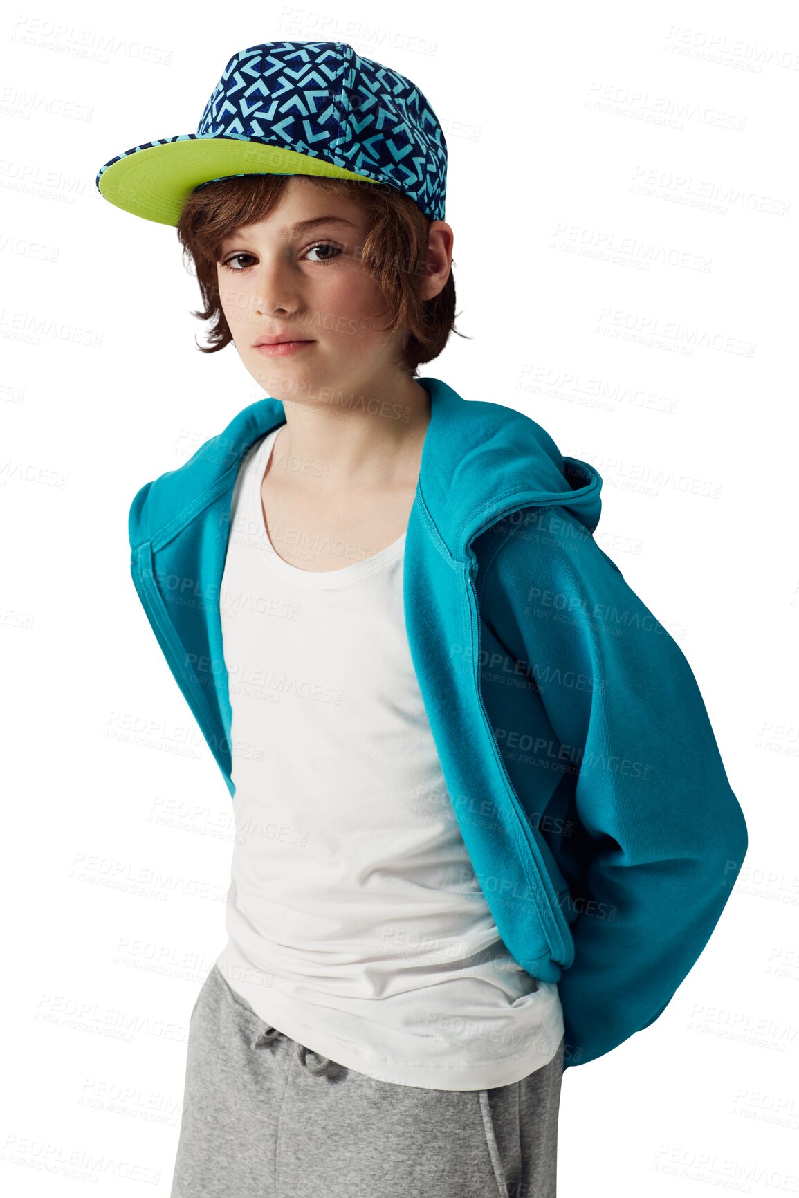 Buy stock photo Portrait, boy child and fashion isolated on a transparent, png background for kids hoodie, trendy sale or promotion. Face of a cool young kid or model with clothes for creative style and streetwear