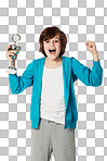 Cute preteen boy holding a trophy while isolated on a png background